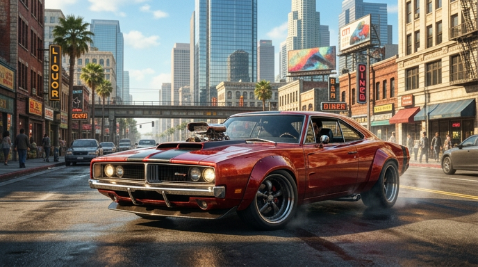Aggressive American muscle cars and trucks outside a sunny fictional dealership representing Bravado vehicle culture in GTA.