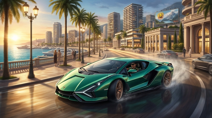 Luxury supercars outside an upscale fictional showroom representing Grotti and Italian-inspired car culture in GTA.
