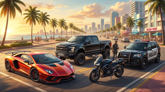 Lineup of sports cars, muscle cars, trucks, motorcycles, and city traffic representing GTA 6 vehicle analysis from official trailers.