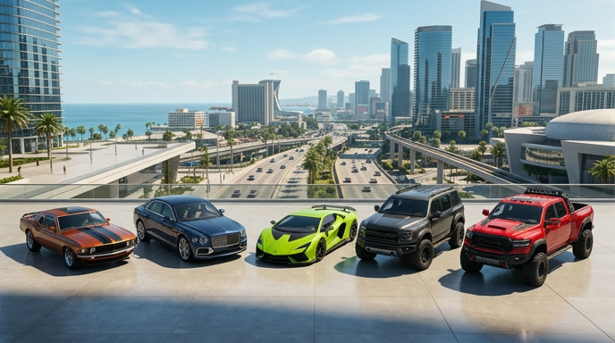 Sunny car culture scene with fictional vehicle brand signs, supercars, muscle cars, luxury vehicles, and tuner cars.