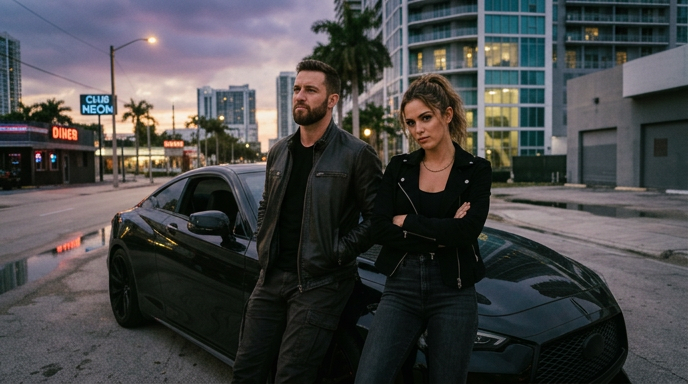A man and woman standing near a car in a neon city setting, representing Jason and Lucia as GTA 6’s main character duo.