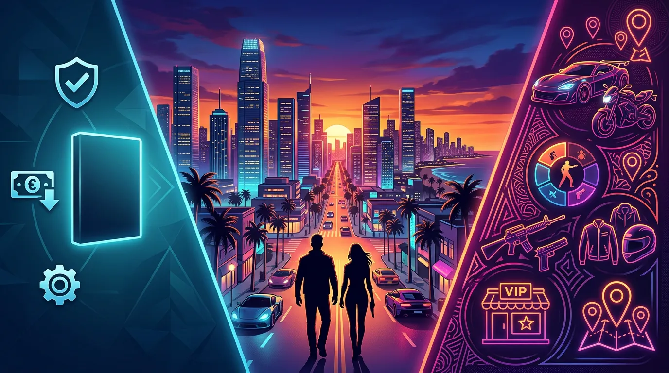 Illustrated comparison of GTA 6 Standard and Ultimate Editions with a neon coastal city, base game symbols, and premium bonus icons.