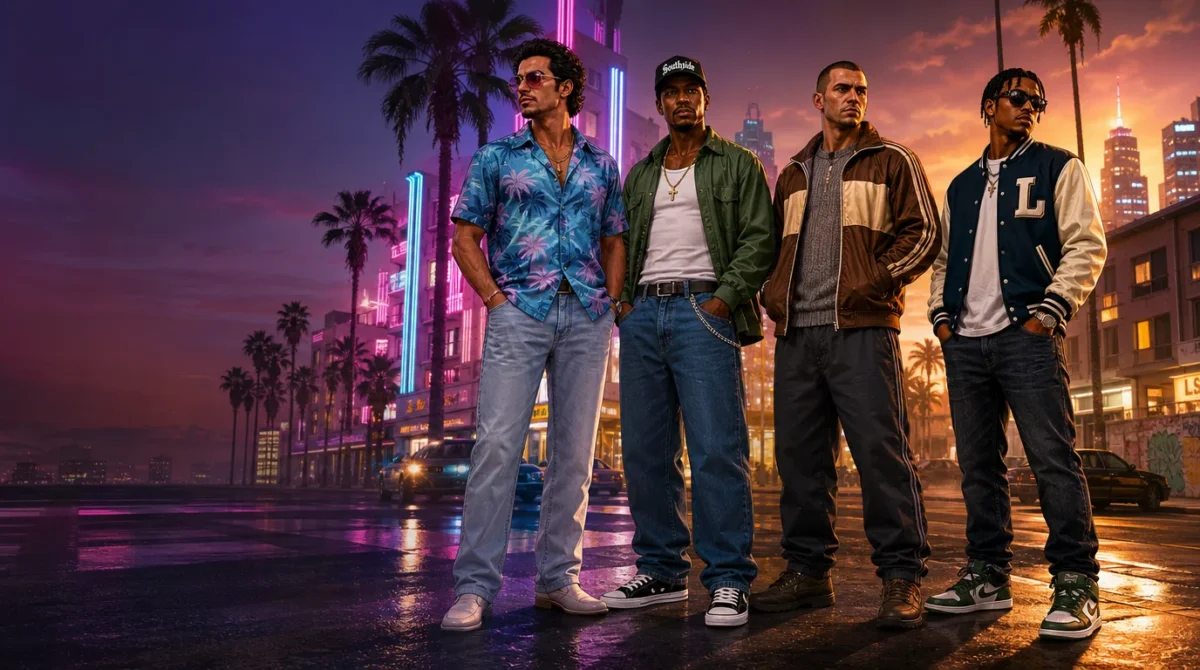 Four original characters wearing fashion inspired by different eras of the GTA series